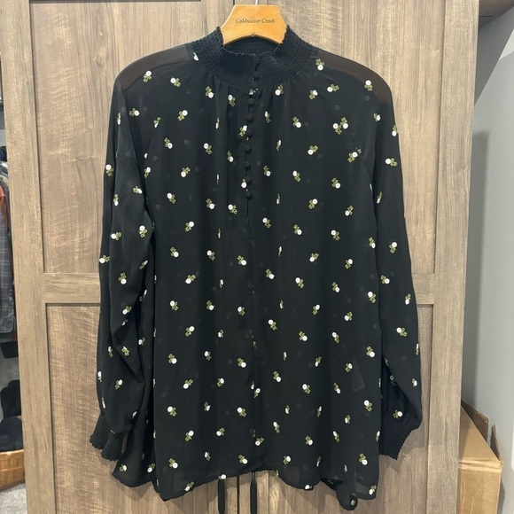 Cabi Medium Top Black Sheer Floral Embroidered Mock Neck Quarter Button Down - Picture 2 of 13